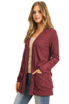 Plus Size Brushed Waffle Long Sleeve Side Pocket Open Front Cardigan Burgundy - Pack of 6