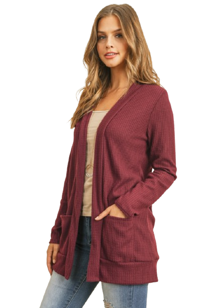 Plus Size Brushed Waffle Long Sleeve Side Pocket Open Front Cardigan Burgundy - Pack of 6