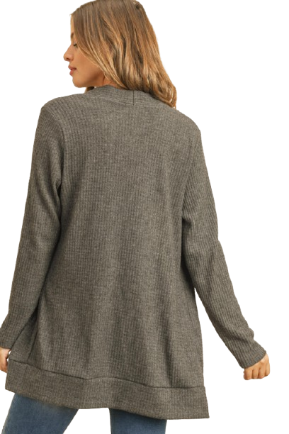 Plus Size Brushed Waffle Long Sleeve Side Pocket Open Front Cardigan Charcoal 2Tone - Pack of 6