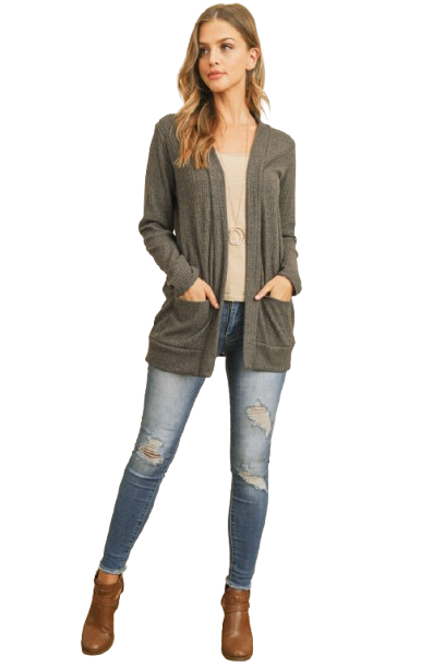Plus Size Brushed Waffle Long Sleeve Side Pocket Open Front Cardigan Charcoal 2Tone - Pack of 6