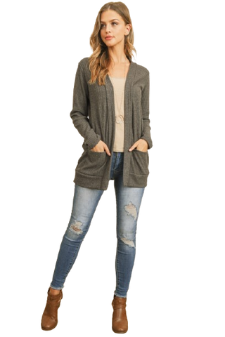 Plus Size Brushed Waffle Long Sleeve Side Pocket Open Front Cardigan Burgundy - Pack of 6