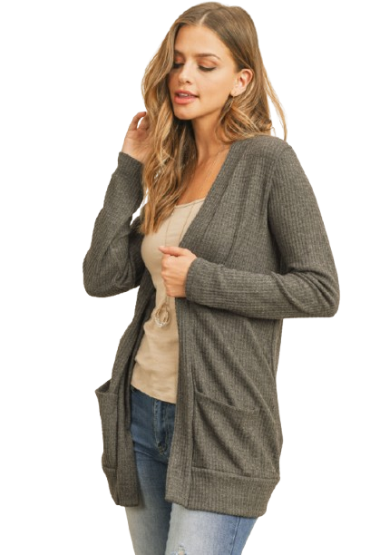 Plus Size Brushed Waffle Long Sleeve Side Pocket Open Front Cardigan Charcoal 2Tone - Pack of 6