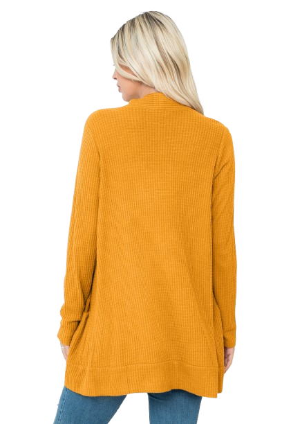 Plus Size Brushed Waffle Long Sleeve Side Pocket Open Front Cardigan Mustard - Pack of 6