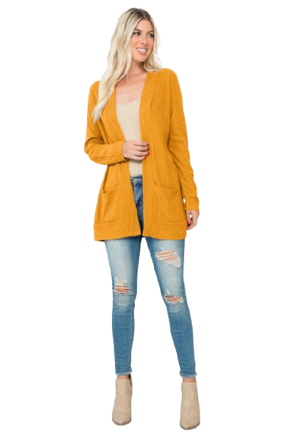 Plus Size Brushed Waffle Long Sleeve Side Pocket Open Front Cardigan Mustard - Pack of 6