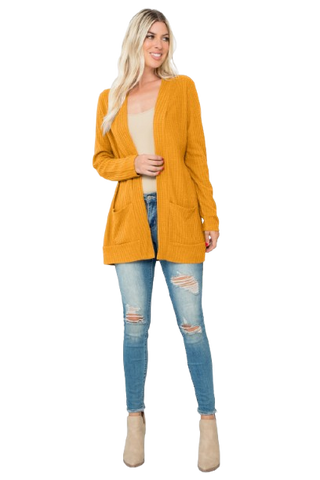 Plus Size Brushed Waffle Long Sleeve Side Pocket Open Front Cardigan Burgundy - Pack of 6