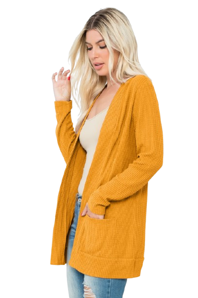 Plus Size Brushed Waffle Long Sleeve Side Pocket Open Front Cardigan Mustard - Pack of 6