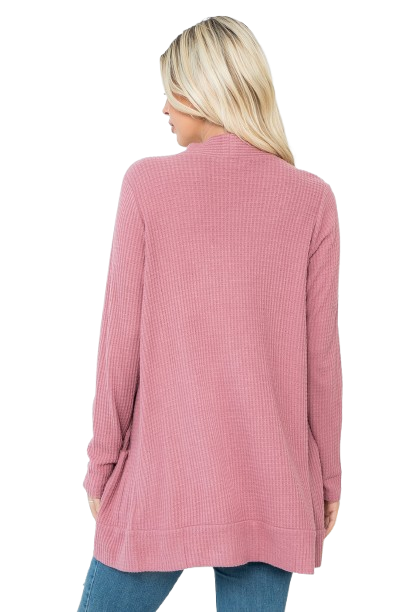 Plus Size Brushed Waffle Long Sleeve Side Pocket Open Front Cardigan Mauve Deep - Pack of 6