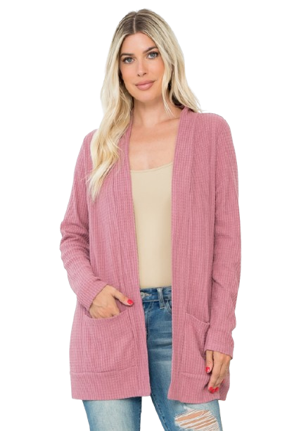 Plus Size Brushed Waffle Long Sleeve Side Pocket Open Front Cardigan Mauve Deep - Pack of 6