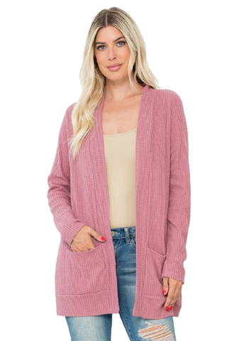 Plus Size Brushed Waffle Long Sleeve Side Pocket Open Front Cardigan Burgundy - Pack of 6