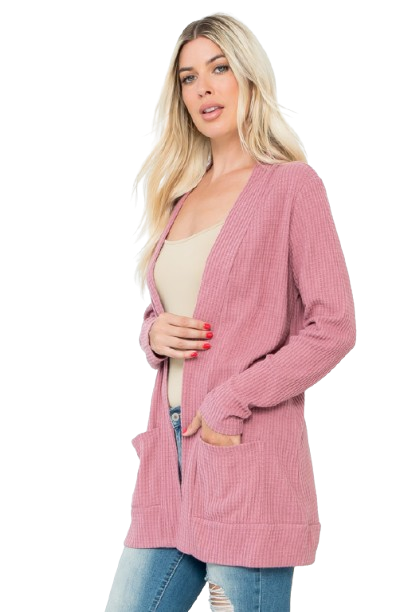 Plus Size Brushed Waffle Long Sleeve Side Pocket Open Front Cardigan Mauve Deep - Pack of 6