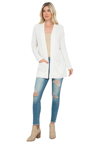 Plus Size Brushed Waffle Long Sleeve Side Pocket Open Front Cardigan Burgundy - Pack of 6