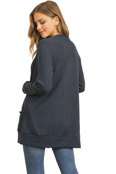 Plus Size Brushed Waffle Long Sleeve Side Pocket Open Front Cardigan Navy - Pack of 6