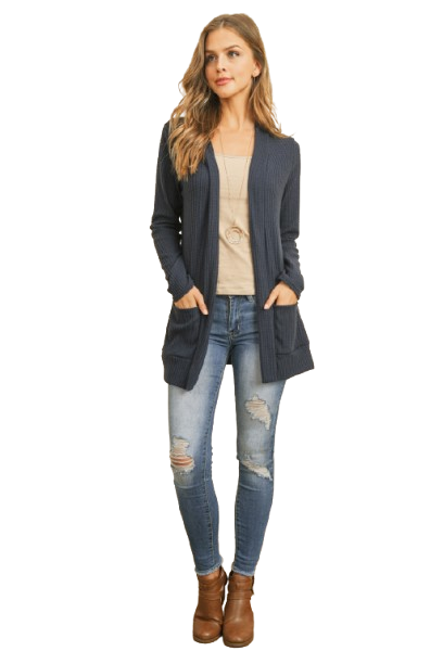 Plus Size Brushed Waffle Long Sleeve Side Pocket Open Front Cardigan Navy - Pack of 6