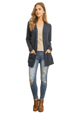 Plus Size Brushed Waffle Long Sleeve Side Pocket Open Front Cardigan Burgundy - Pack of 6