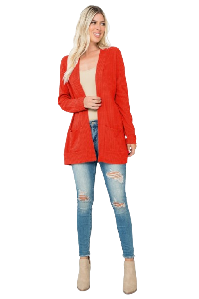 Plus Size Brushed Waffle Long Sleeve Side Pocket Open Front Cardigan Rust - Pack of 6
