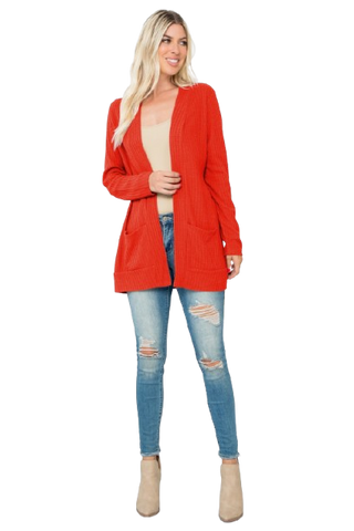 Plus Size Brushed Waffle Long Sleeve Side Pocket Open Front Cardigan Burgundy - Pack of 6