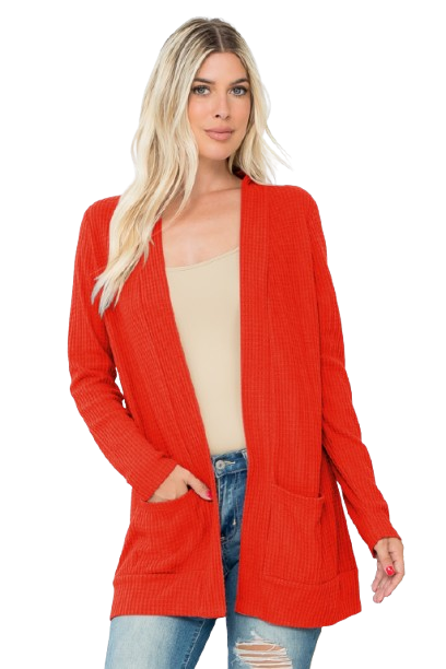 Plus Size Brushed Waffle Long Sleeve Side Pocket Open Front Cardigan Rust - Pack of 6
