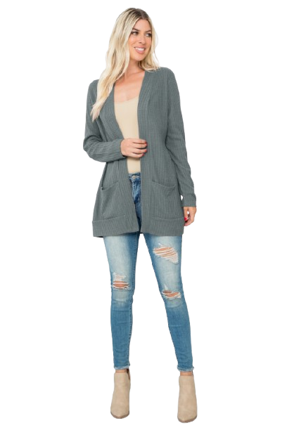 Plus Size Brushed Waffle Long Sleeve Side Pocket Open Front Cardigan Teal Denim - Pack of 6