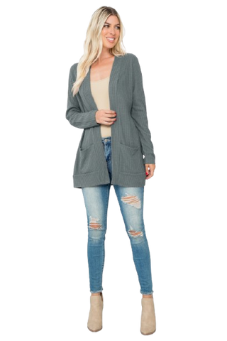 Plus Size Brushed Waffle Long Sleeve Side Pocket Open Front Cardigan Burgundy - Pack of 6