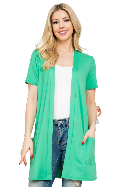 Short Sleeve Open Front Solid Cardigan Green Light - Pack of 7