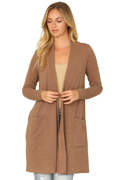 Solid Long Sleeve Side Pocket Open Front Cardigan Camel - Pack of 6