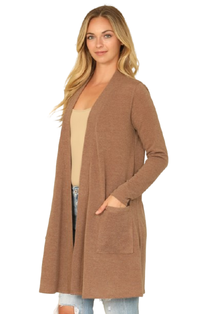 Solid Long Sleeve Side Pocket Open Front Cardigan Camel - Pack of 6