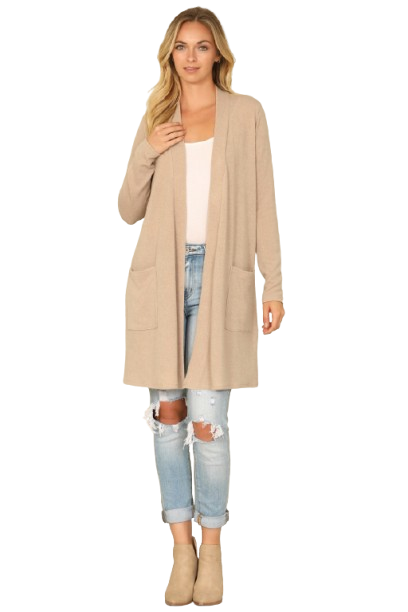 Solid Long Sleeve Side Pocket Open Front Cardigan Dark Taupe - Pack of 6