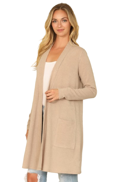Solid Long Sleeve Side Pocket Open Front Cardigan Dark Taupe - Pack of 6
