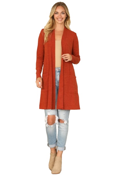 Solid Long Sleeve Side Pocket Open Front Cardigan Rust - Pack of 6
