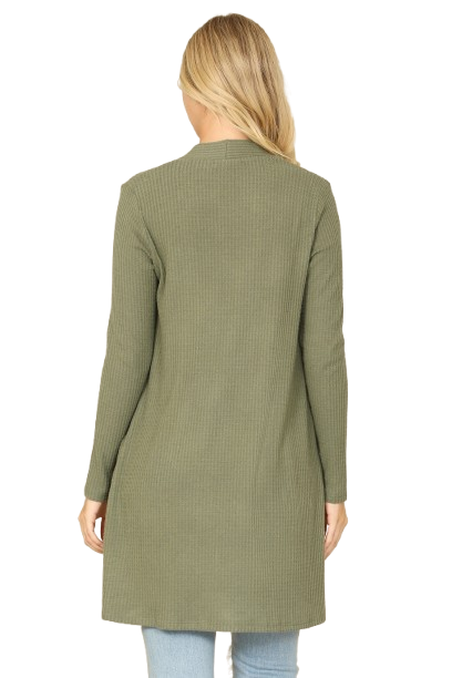 Hacci Solid Front Long Sleeve Side Pocket Open Front Cardigan Army Green - Pack of 6