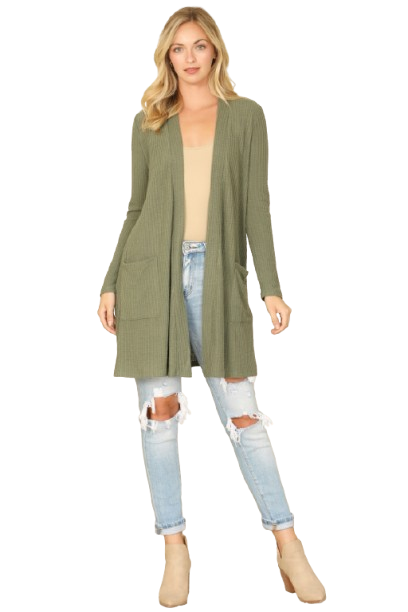 Hacci Solid Front Long Sleeve Side Pocket Open Front Cardigan Army Green - Pack of 6