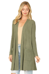 Hacci Solid Front Long Sleeve Side Pocket Open Front Cardigan Army Green - Pack of 6