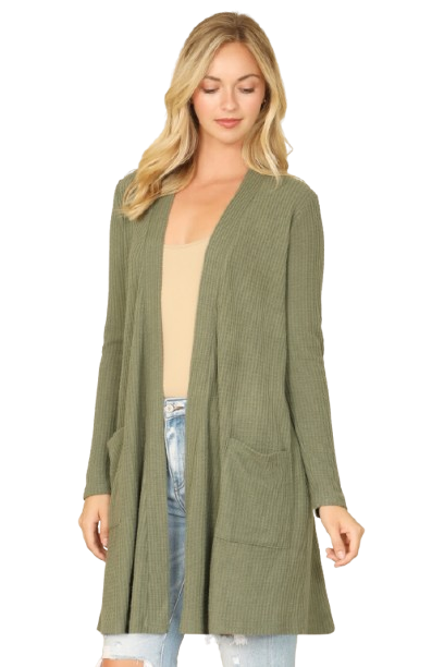 Hacci Solid Front Long Sleeve Side Pocket Open Front Cardigan Army Green - Pack of 6