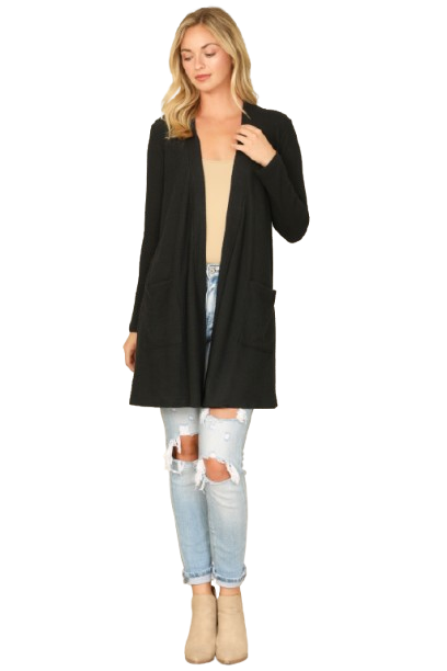 Hacci Solid Front Long Sleeve Side Pocket Open Front Cardigan Black - Pack of 6