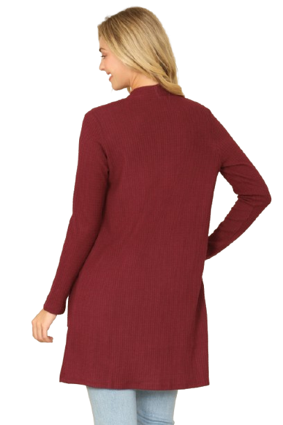 Hacci Solid Front Long Sleeve Side Pocket Open Front Cardigan Burgundy - Pack of 6