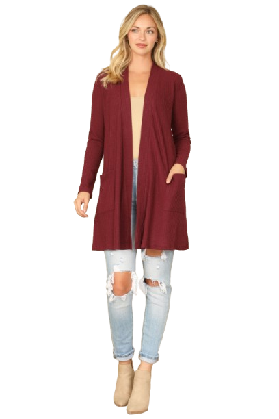 Hacci Solid Front Long Sleeve Side Pocket Open Front Cardigan Burgundy - Pack of 6