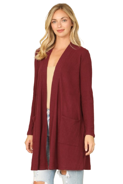Hacci Solid Front Long Sleeve Side Pocket Open Front Cardigan Burgundy - Pack of 6