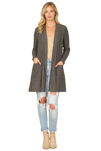 Hacci Solid Front Long Sleeve Side Pocket Open Front Cardigan Charcoal 2Tone - Pack of 6