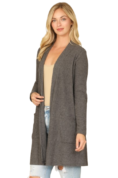 Hacci Solid Front Long Sleeve Side Pocket Open Front Cardigan Charcoal 2Tone - Pack of 6