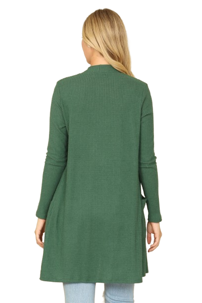 Hacci Solid Front Long Sleeve Side Pocket Open Front Cardigan Hunter Green - Pack of 6