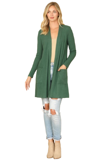 Hacci Solid Front Long Sleeve Side Pocket Open Front Cardigan Hunter Green - Pack of 6