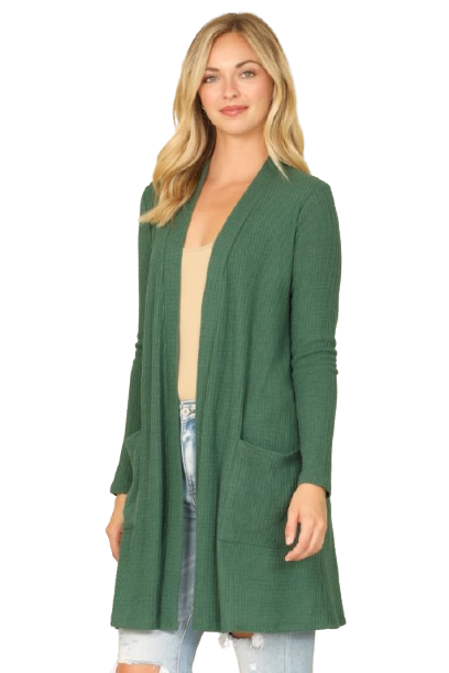Hacci Solid Front Long Sleeve Side Pocket Open Front Cardigan Hunter Green - Pack of 6