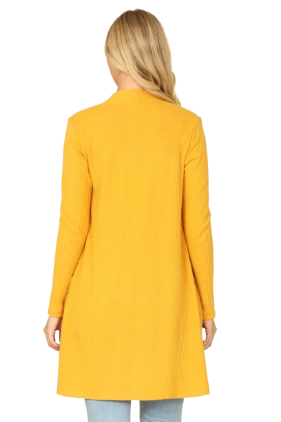 Hacci Solid Front Long Sleeve Side Pocket Open Front Cardigan Mustard - Pack of 6