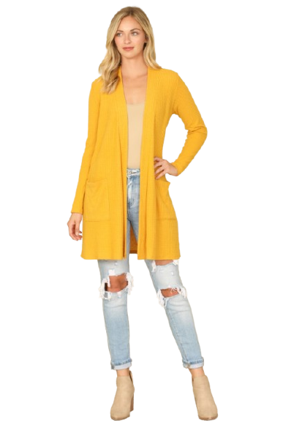 Hacci Solid Front Long Sleeve Side Pocket Open Front Cardigan Mustard - Pack of 6
