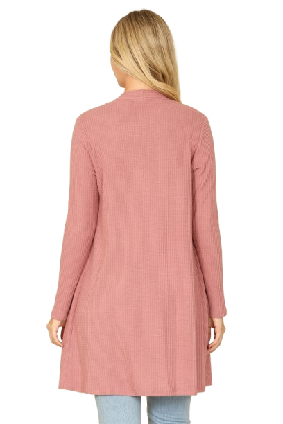 Hacci Solid Front Long Sleeve Side Pocket Open Front Cardigan Mauve Deep - Pack of 6