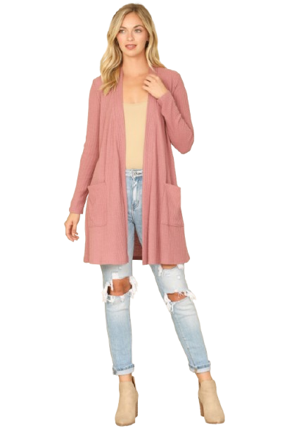 Hacci Solid Front Long Sleeve Side Pocket Open Front Cardigan Mauve Deep - Pack of 6