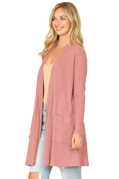 Hacci Solid Front Long Sleeve Side Pocket Open Front Cardigan Mauve Deep - Pack of 6