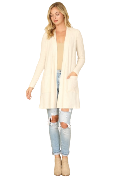 Hacci Solid Front Long Sleeve Side Pocket Open Front Cardigan Natural - Pack of 6