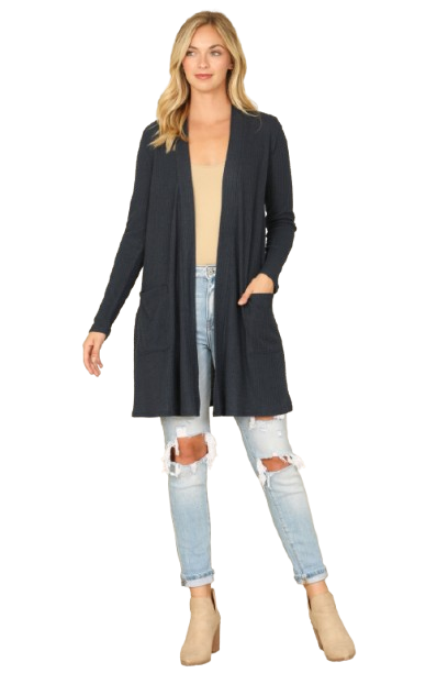 Hacci Solid Front Long Sleeve Side Pocket Open Front Cardigan Navy - Pack of 6