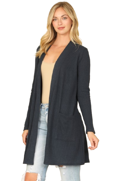 Hacci Solid Front Long Sleeve Side Pocket Open Front Cardigan Navy - Pack of 6